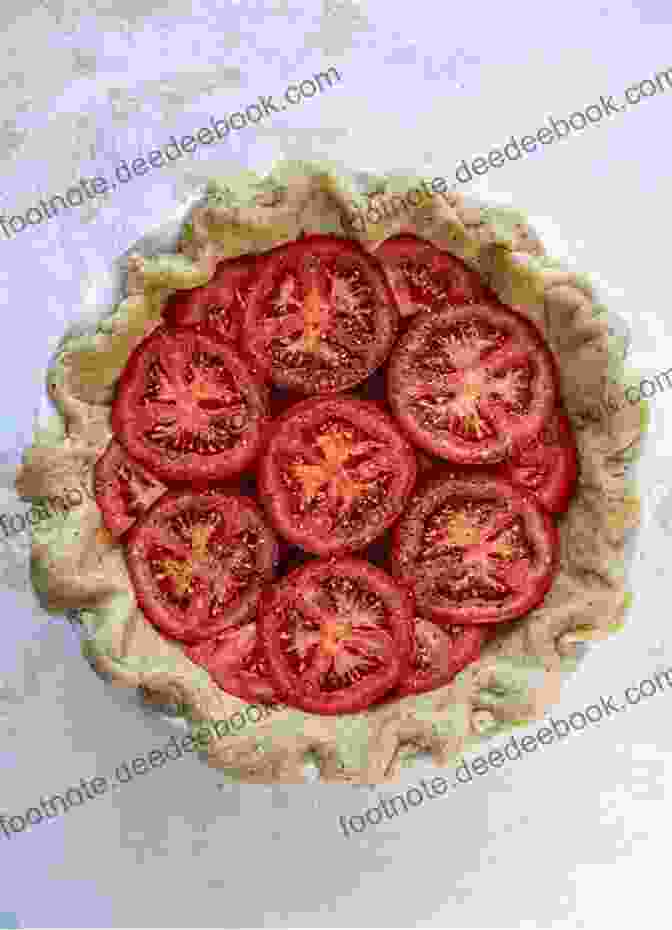 A Close Up Image Of Miss Edna's Sweet Tomato Pie, Featuring A Golden Crust, Juicy Tomato Filling, And A Dusting Of Powdered Sugar. Miss Edna S Sweet Tomato Pie