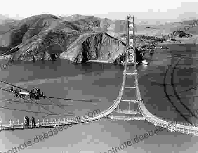 Ironworkers Suspended High Above The Golden Gate Strait During Construction. Historic Photos Of The Golden Gate Bridge